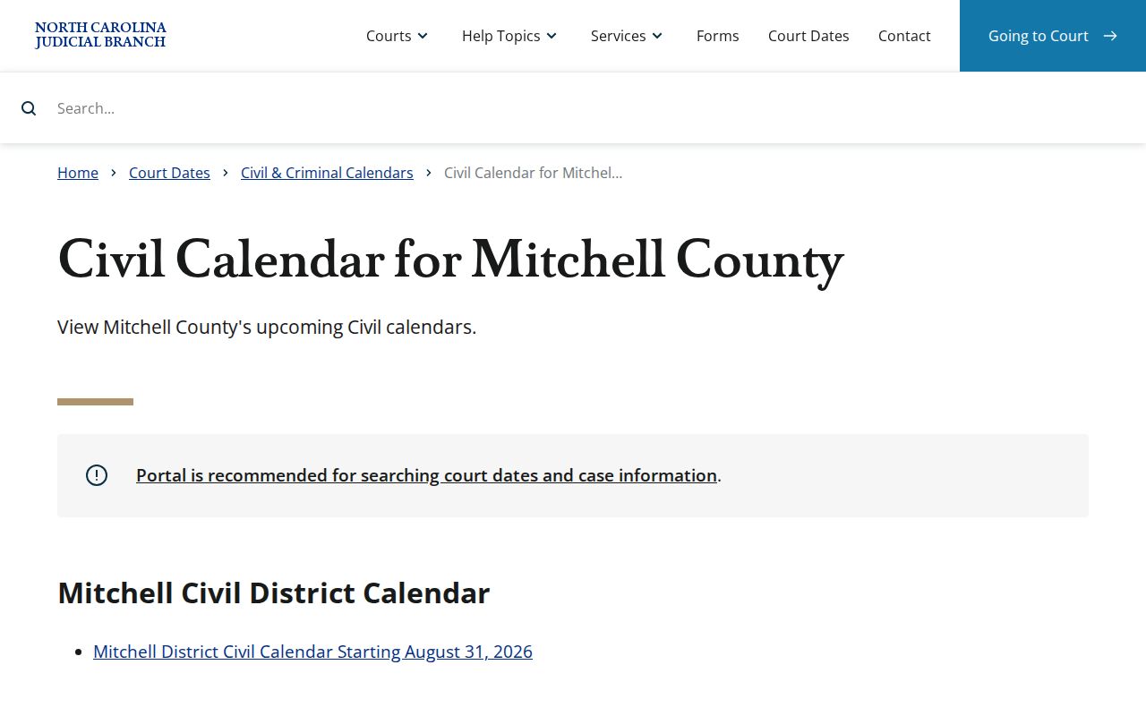Mitchell County civil court docket and official civil calendar