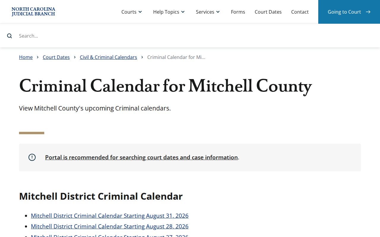 Mitchell County court schedule criminal calendar page