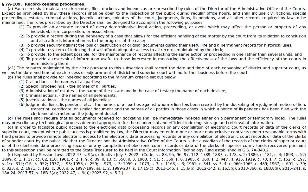 Mitchell County criminal court docket access rule under G.S. 7A-109
