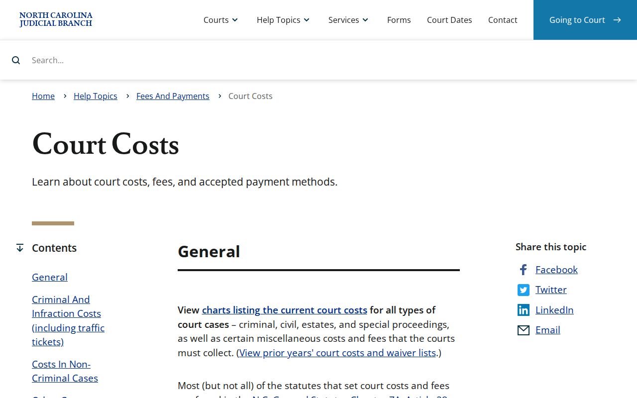 Mitchell County traffic court record copy fees and North Carolina court costs source